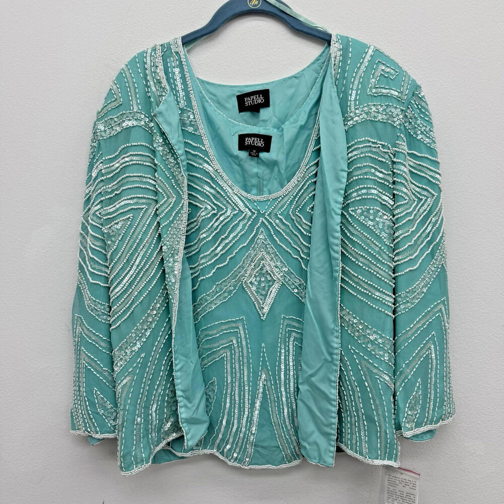 Adrianna Papell Studio Blue Silk Tank Top Jacket 2 Piece Set Beads Sequins 1X Lg